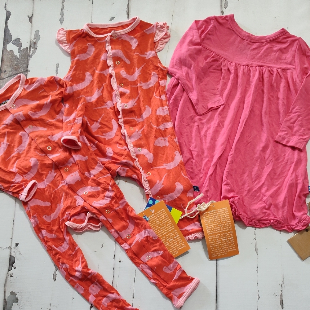 Kickee Pants Poppy River Otter Print Coverall And Pink Swing Dress Set